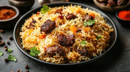 Delicious dish of spiced rice with meat and vegetables.