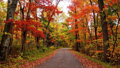 Naklejka premium A quiet path winding through a dense forest in peak autumn, with trees ablaze in shades of red, orange, and yellow, and a carpet of fallen leaves underfoot. 