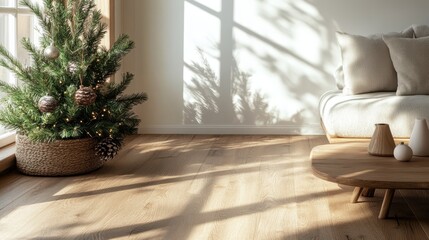 A serene and inviting living room scene featuring a beautifully decorated Christmas tree, sunlight filtering through the window, evoking the warmth of the holiday season.