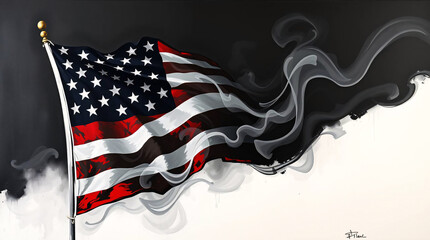 USA flag with stars and stripes, red, white, and blue colors, smoke abstract background