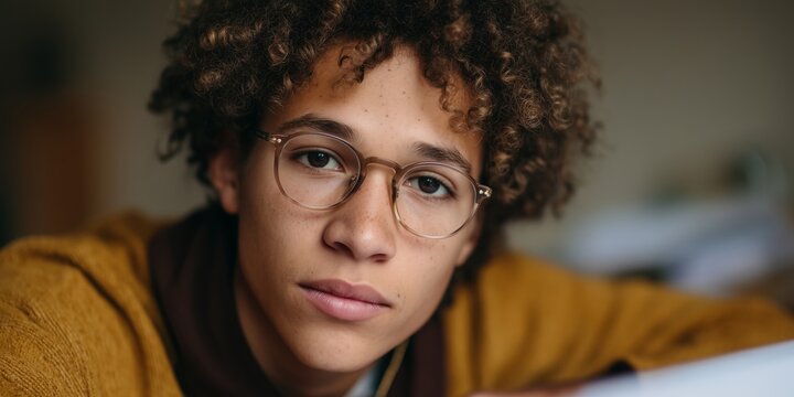 Young african male teen with curly hair and glasses in casual outfit