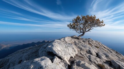 This breathtaking image depicts a lone tree thriving atop a rocky mountain summit, symbolizing resilience and solitude against a dramatic sky, perfect for nature lovers and adventurers.