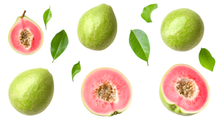 Exotic guava bundle, whole fruit and cut in half, side and top down view, isolated on a transparent background