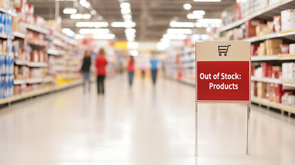 Grocery aisle with 'Out of Stock' sign. Shelves are nearly empty, indicating supply chain problems. Customers in the background walking through the store.