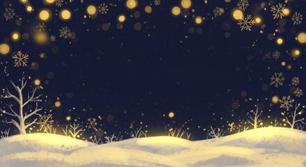 Naklejka premium Snowy winter landscape with golden lights and snowflakes on dark background