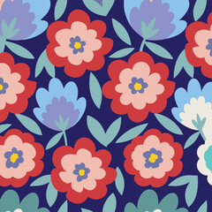 Red and Purple flowers pattern with leaves on dark background