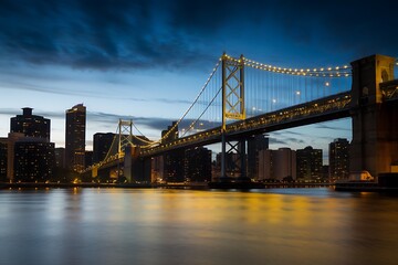 Obraz premium The Illuminated Benjamin Franklin Bridge at Dusk Over the Philadelphia Skyline