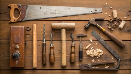 Vintage woodworking tools neatly arranged on wooden surface, showcasing retro craftsmanship and traditional carpentry gear