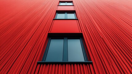 An eye-catching red facade of a contemporary building stretches upwards, featuring dark windows and striking vertical lines that embody modern architectural style and urban design.