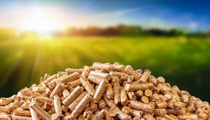 pile of biomass wood pellet on a blurred nature background with copy space eco friendly biofuel pellets made from agricultural waste and it is an alternative fuel to replace coal generative ai