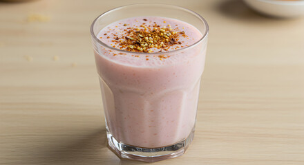 Delightful Pink Smoothie Adorned with Crunchy Toppings for Healthy Refreshments