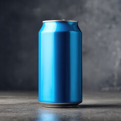 Obraz premium A sleek, vibrant blue aluminum beverage can stands on a dark surface
