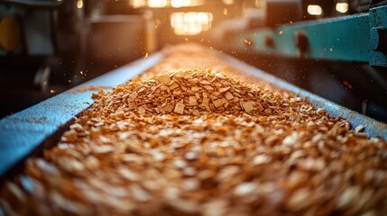 Wood chips processing on conveyor belt in manufacturing facility