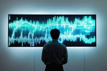 A person stands before a large screen displaying a dynamic, teal-colored data visualization, likely representing market trends or financial data.