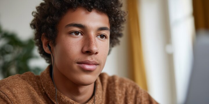 Young african male listening to music with earphones in casual setting