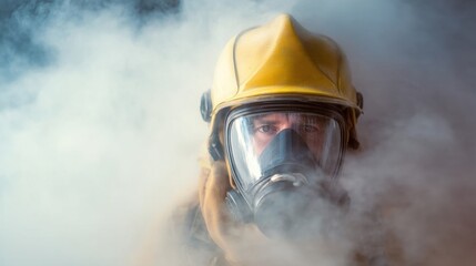 Obraz premium Focused Firefighter in Thick Smoke Wearing Yellow Helmet and Gas Mask