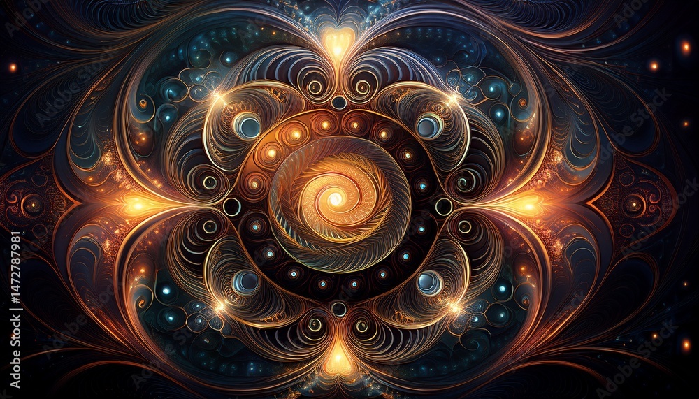 Wall mural a dark background with an intricate fractal design featuring swirling patterns and shimmering lights