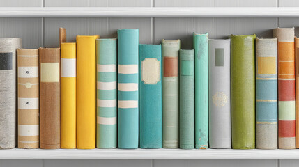 A collection of vintage books on a white shelf