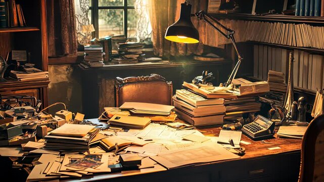 Vintage Desk Clutter: Antique Workspace with Documents, Typewriter, and Ephemera, Evoking Nostalgia and a Sense of History.