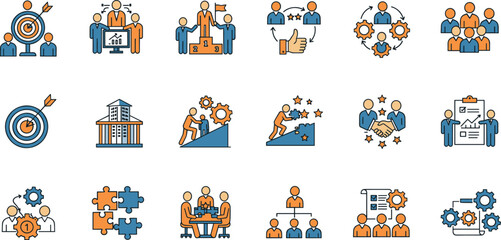 Fototapeta premium Teamwork icon set. Collection of cooperation, team target, leadership, collaboration and more. Vector illustration