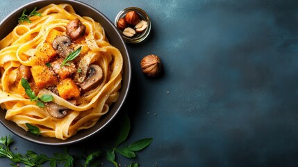 A flavorful dish of fettuccine pasta topped with seasonal ingredients like squash and mushrooms, representing culinary fusion and gourmet presentation.