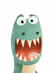 green Dinosaur on a white background, roaring, Cartoon kids art