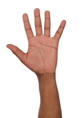 Fototapeta premium Black hand shows number five isolated. Counting gesturing, enumeration, white background