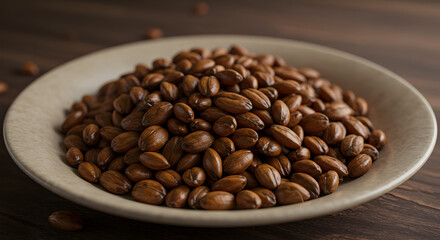 Fototapeta premium Plate Full Of Fresh Roasted Brown Pilinuts Ready To Eat On Wood Table