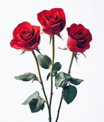 Fototapeta premium Three Beautiful Red Roses with Green Leaves on a Light Background Perfect for Romantic Themes and Floral Arrangements in Various Designs and Concepts