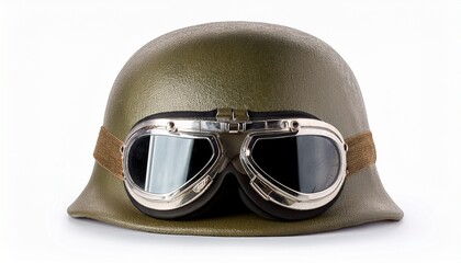 vintage military helmet with goggles isolated on white background