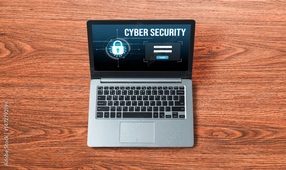 Poster cyber security system on computer screen protect private information snugly from hacker and cyber at
