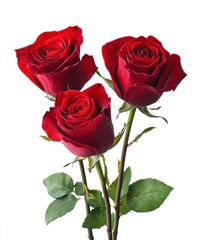 Naklejka premium Three Elegant Red Roses with Lush Green Leaves on a Pure White Background for Romantic and Elegant Floral Arrangements and Gifts