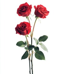 Fototapeta premium Three Elegant Red Roses with Lush Green Leaves on a White Background for Floral Design and Romantic Themes