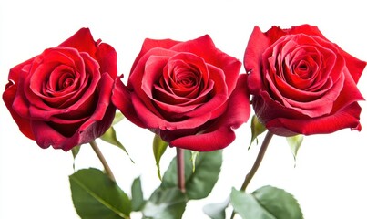 Fototapeta premium Three Fresh Red Roses with Green Leaves on White Background Symbolizing Love, Romance, and Beauty for Floral Arrangement or Gift Purposes