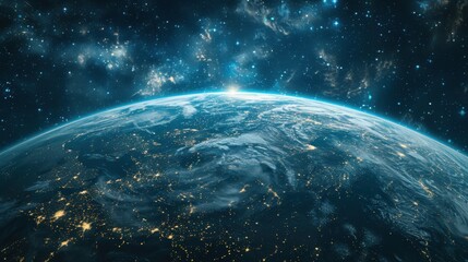 Obraz premium A breathtaking view of Earth from space, illuminated with city lights and surrounded by celestial beauty, highlighting the planet's splendor against the backdrop of the universe.