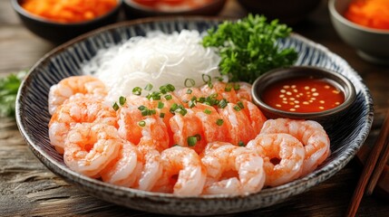 Delicious shrimp dish with glass noodles and sauce.