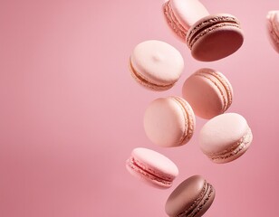 Fototapeta premium pastel macarons floating on pink background sweet dessert and confectionery concept image for bakery and cafe content banner view with copy space