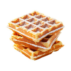 Stack of golden brown waffles sprinkled with powdered sugar, isolated on white transparent background, concept of sweet breakfast treat
