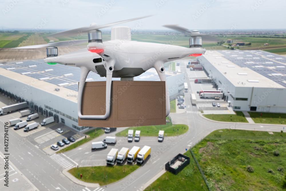 Poster drone with a package. unmanned delivery concept
