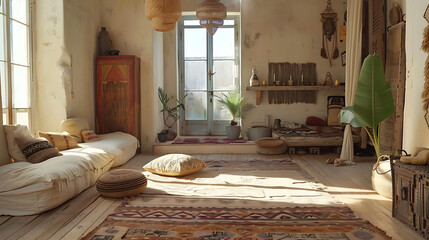 Bohemian room beautiful design in a bright open-plan space with greenery