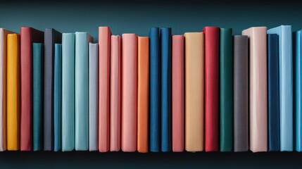An array of colorful books neatly aligned on a shelf, symbolizing knowledge and creativity, perfect for book lovers and literary enthusiasts seeking inspiration.