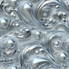 Metallic Swirl Texture: 3D Abstract Silver Liquid Pattern with Bubbles and Shine