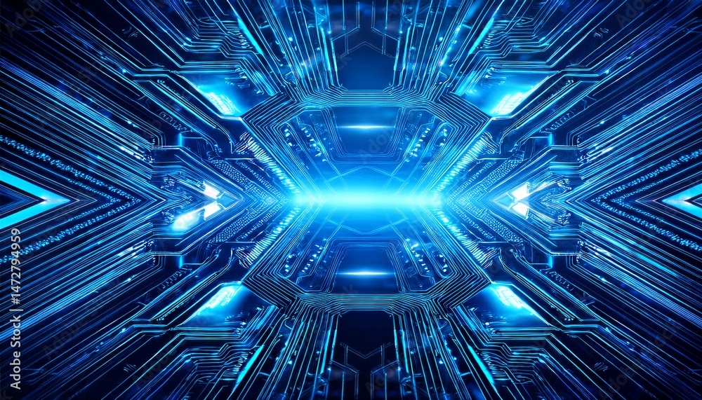 Poster futuristic digital circuitry with blue neon lights and abstract geometric patterns