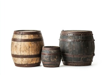 Obraz premium Rustic Wooden Barrels: A Trio of Aged Oak Vessels