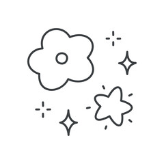 Cute floral illustration. Whimsical design with flower, stars and sparkles. Hand drawn monochrome illustration isolated on a white background. Kawaii sticker. Vector 10 EPS.