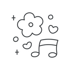 Cute floral illustration. Charming design of flower, musical note, little hearts and sparkles. Hand drawn monochrome illustration isolated on a white background. Kawaii sticker. Vector 10 EPS.