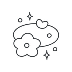 Cute floral illustration. Fancy design of a flower and a heart moving like planets in orbit among stars. Hand drawn monochrome illustration isolated on a white background. Kawaii sticker. 