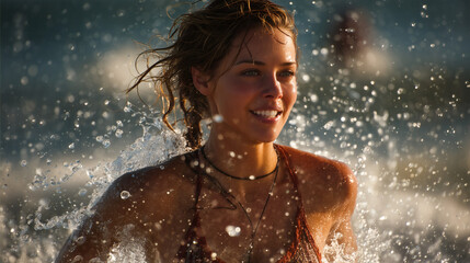 Obraz premium Mujer joven sonriente disfrutando del mar en un día soleado