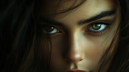 Fototapeta premium Closeup dramatic portrait of a woman with striking green eyes and dark hair art face girl gaze look