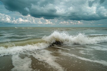 Fototapeta premium Ocean Wave Crashing on Sandy Beach: Dramatic Seascape